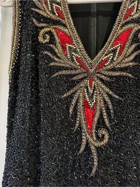 Bob Mackie Black Dress with Gold Beaded Trim and Red Accents